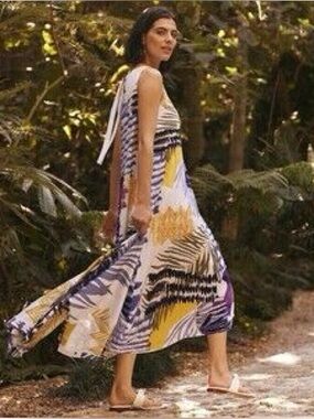 Chicos Purple Yellow Abstract MIDI trapeze collage amparo blue Resort Vacation